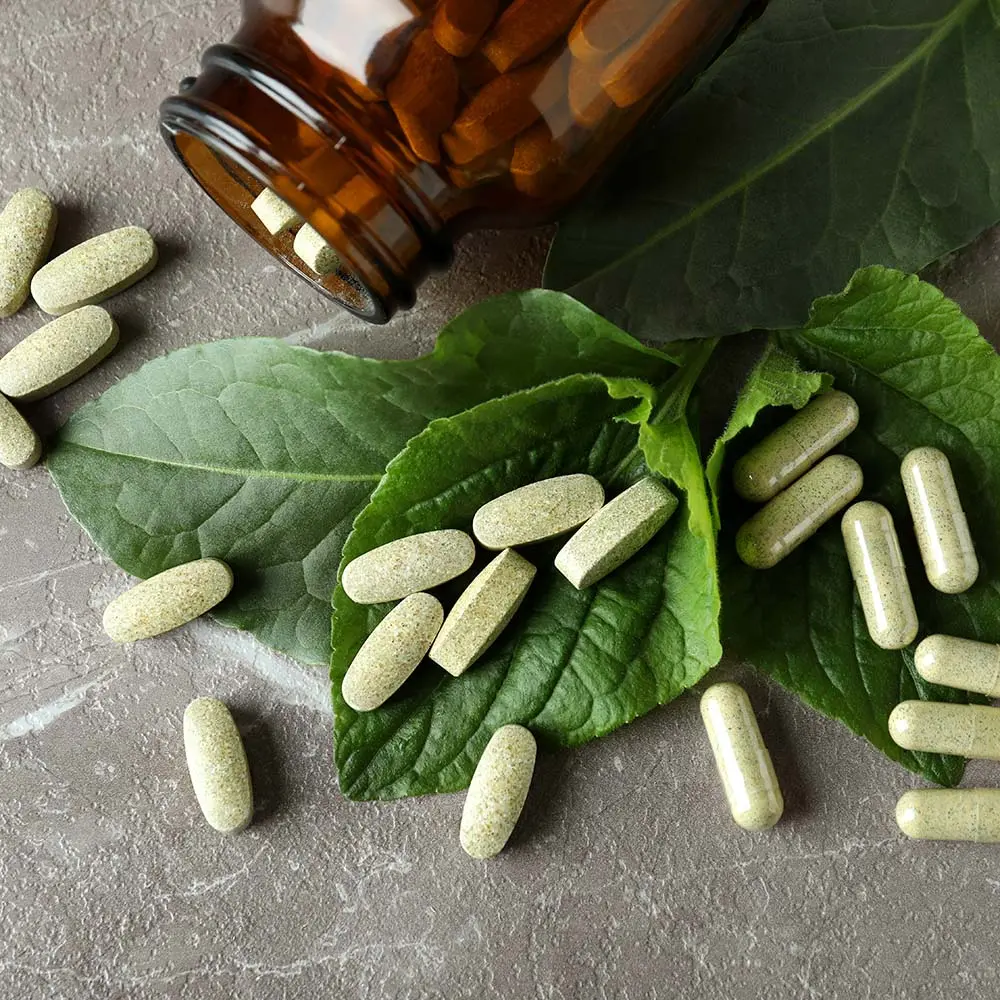 Home 11 Concept of herbal medicine pills on gray textured
